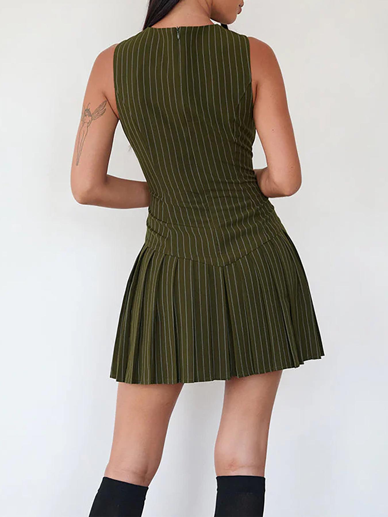 Women's Striped Print Pleated Dress, Casual Fashion Dress for Daily Outdoor Wear, Ladies Clothes for All Seasons