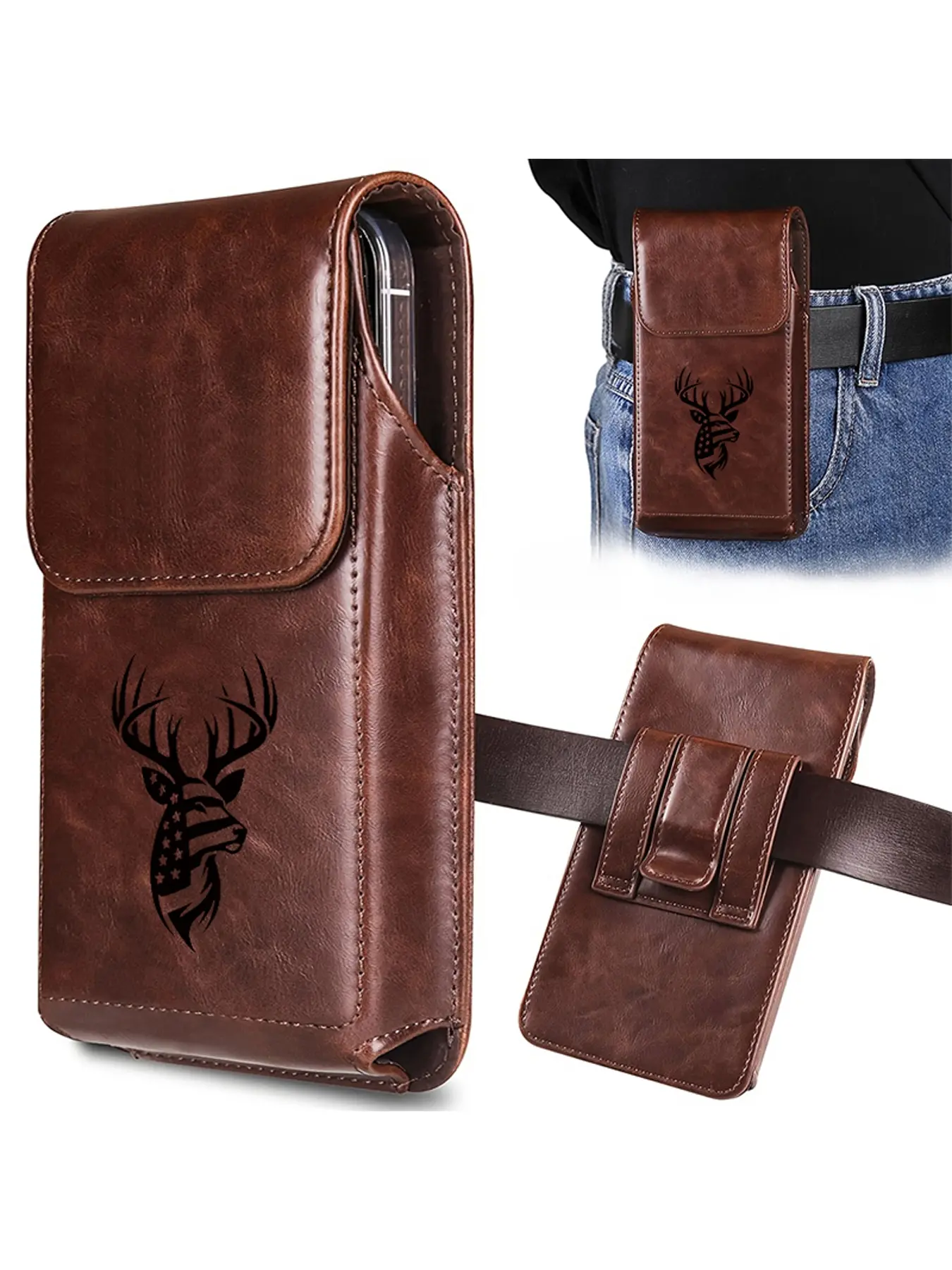 Fashionable men's waist bag - featuring deer head and star patterns, fashionable men's items, charming accessories, suitable for outdoor activities, mobile phone storage waist bag, men's belt mobile phone storage bag, holiday gift | Deer | Men's Fashion
