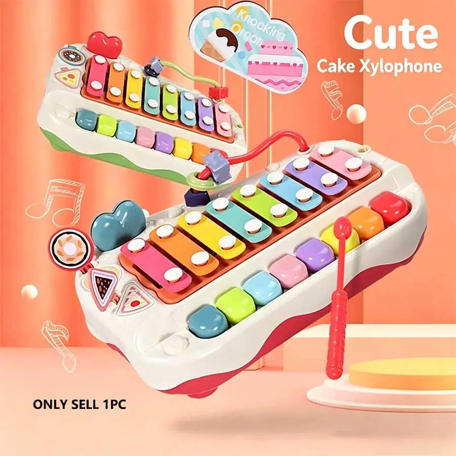 Cute Cake-Shaped Two-In-One Music Toy, Multifunctional Early Education Wooden Xylophone, Fun Beads + Shape Matching Blocks, Baby Sensory Development