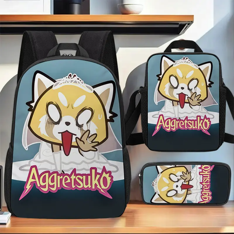 Waterproof 3-in-1 Oxford Backpack Combo, Insulated Lunch Bag Pencil Pouch, Aggretsuko Wedding Dress Funny Expression Cartoon Print, Breathable Padded Straps for School Daily Outdoor Casual Trips