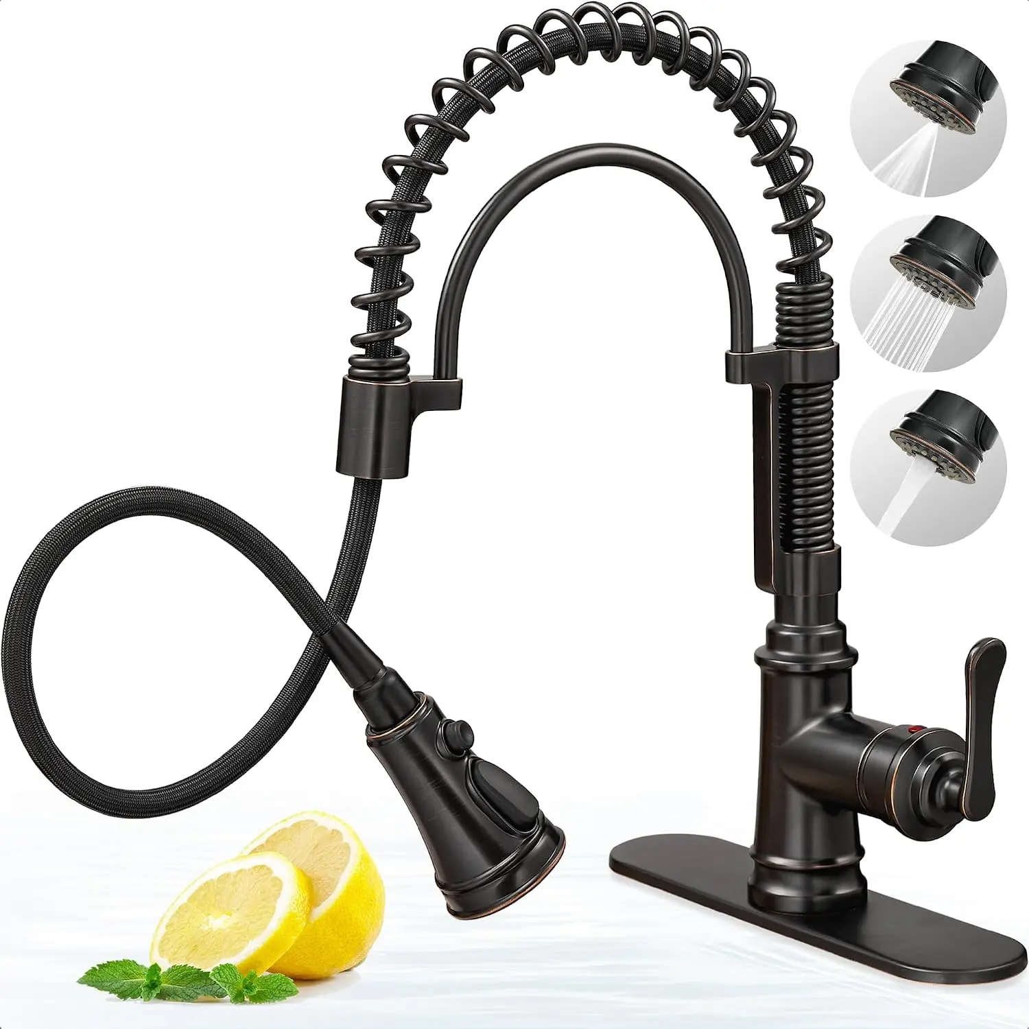 3 Modes Bronze Kitchen Faucet with Pull Down Sprayer, Single Hole Kitchen Sink Faucet 3 Hole, Stainless Steel High Arc Spring Style, 360  Swivel with  Handle & Deck Plate for