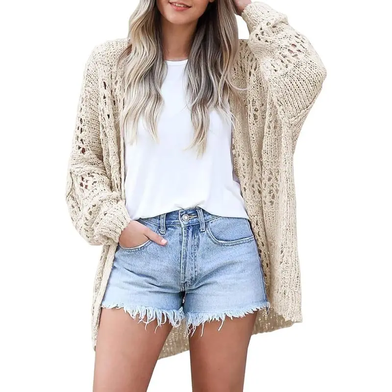Women’s Lightweight Crochet Knit Open-Front Boho Long Sleeve Kimono Sweater, Casual Layering Piece for Summer Beach, Vacation Festive & Party Supplies Accessory, Beachwear