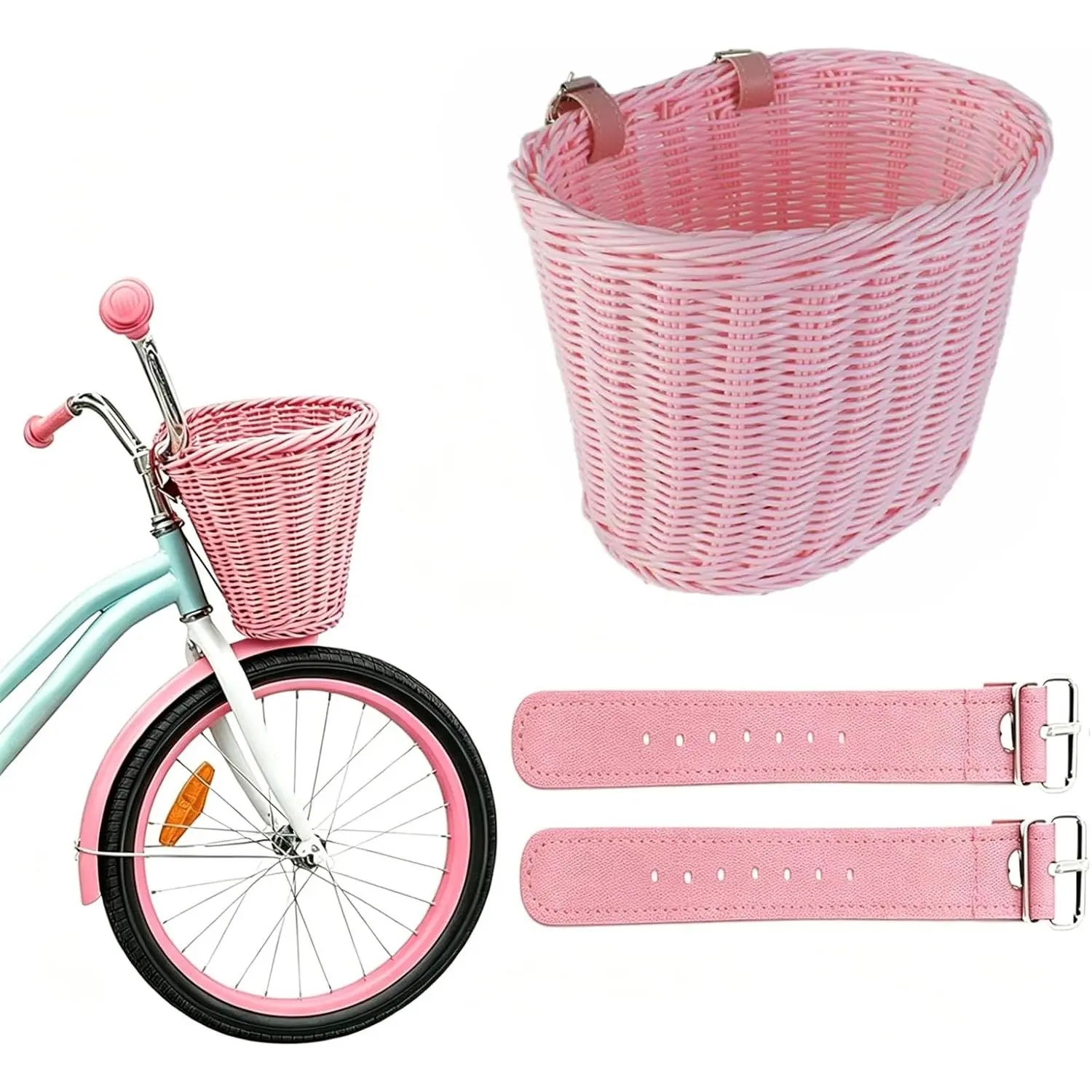 Basket Front, Handwoven Wicker Rainbow  Basket for Girls, Colorful Large-Capacity   Accessory with 2 Adjustable Leather Straps for Scooters and Tricycles