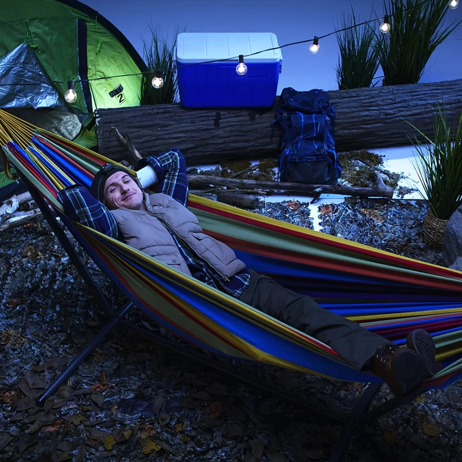 Double Hammock with Stand Included |     450lb Capacity Steel Stand, Premium Carry Bag Included, Two Anti Roll Balance Beam, Cotton Rope, Jacquard Fabric