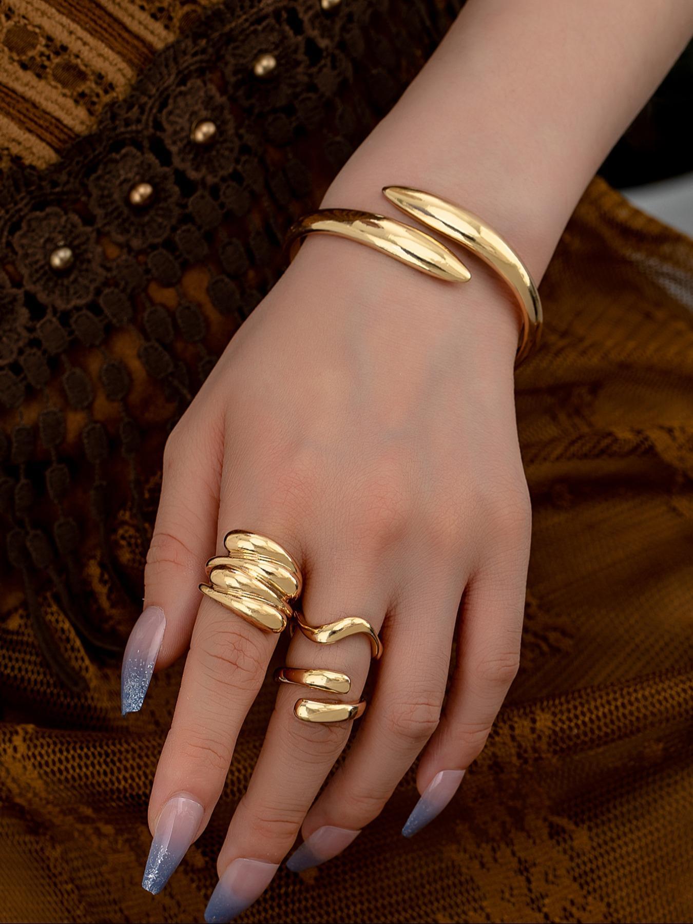 Fashionable Boho Style Cuff Bangle & Cuff Rings, New Trend Elegant Hand Jewelry Set, Trendy & Exquisite Hand Jewelry for Women, Teardrop Jewelry Set