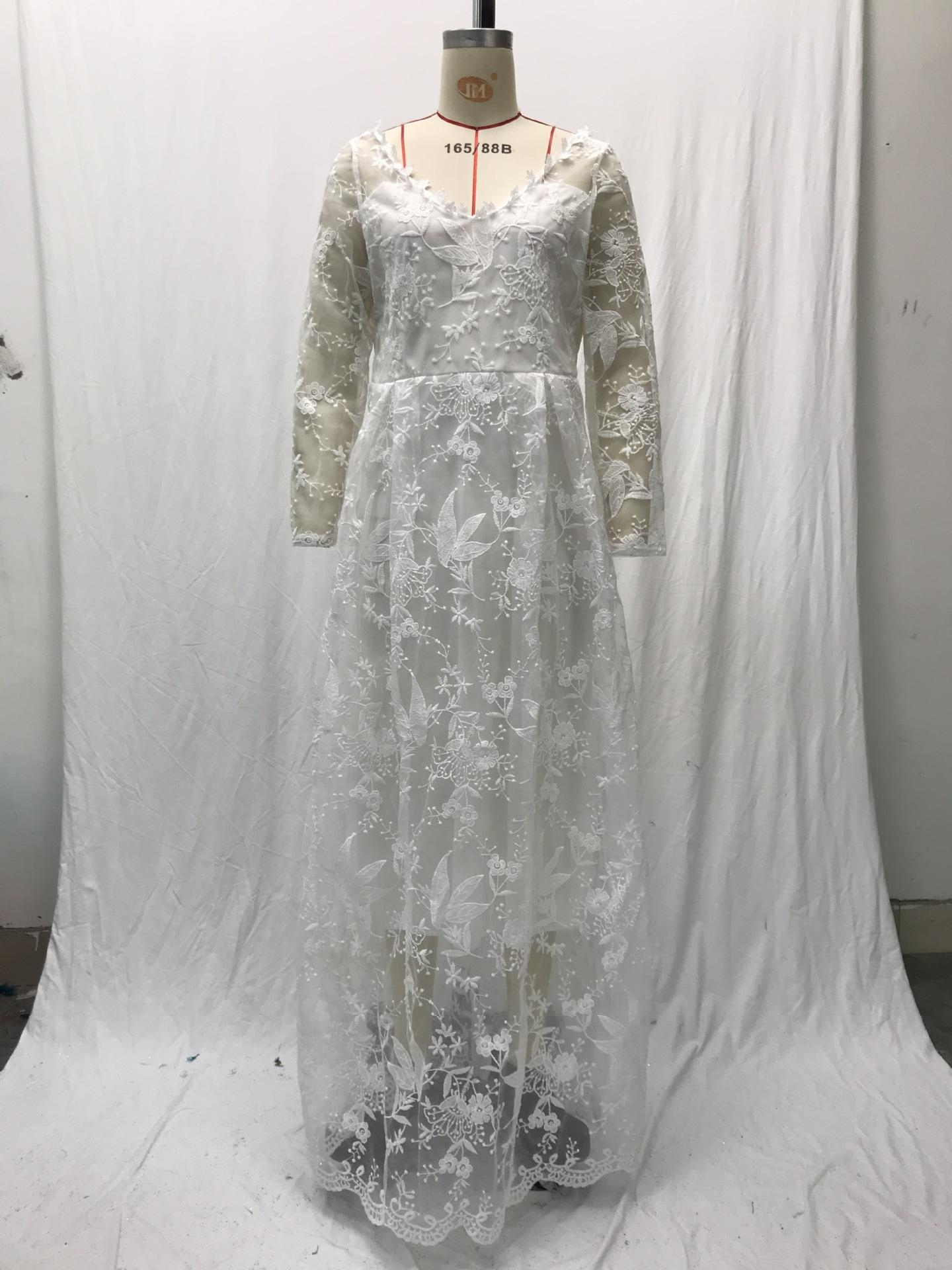 2026 New Style Women's Long-Sleeve Solid Color Sheer Lace Wedding Dress Bridal Gown