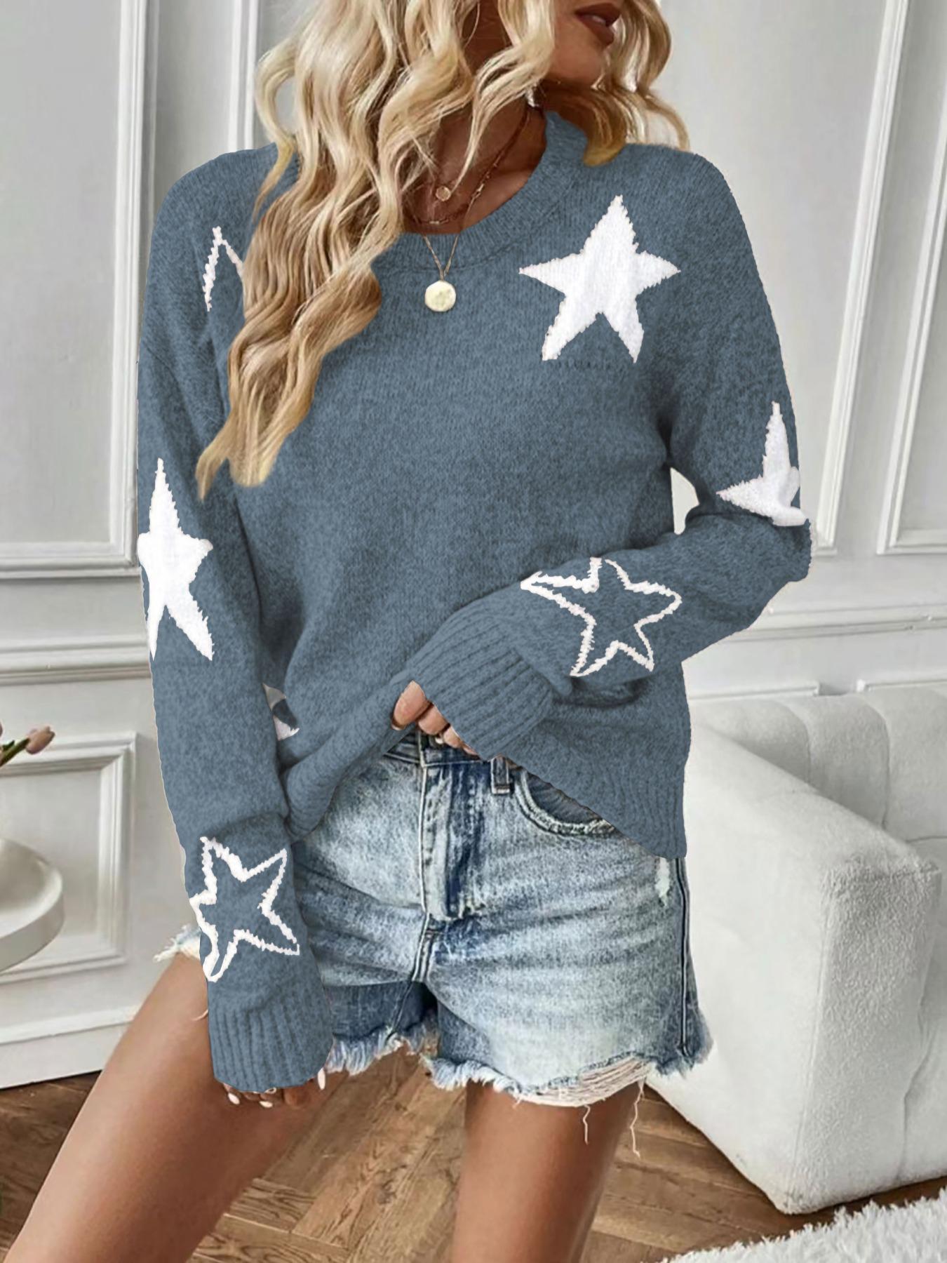 Women's Star Print Drop Shoulder Sweater, Casual Long Sleeve Round Neck Jumper for Fall & Winter, Fashion Ladies' Knitwear for Daily Wear, Tops