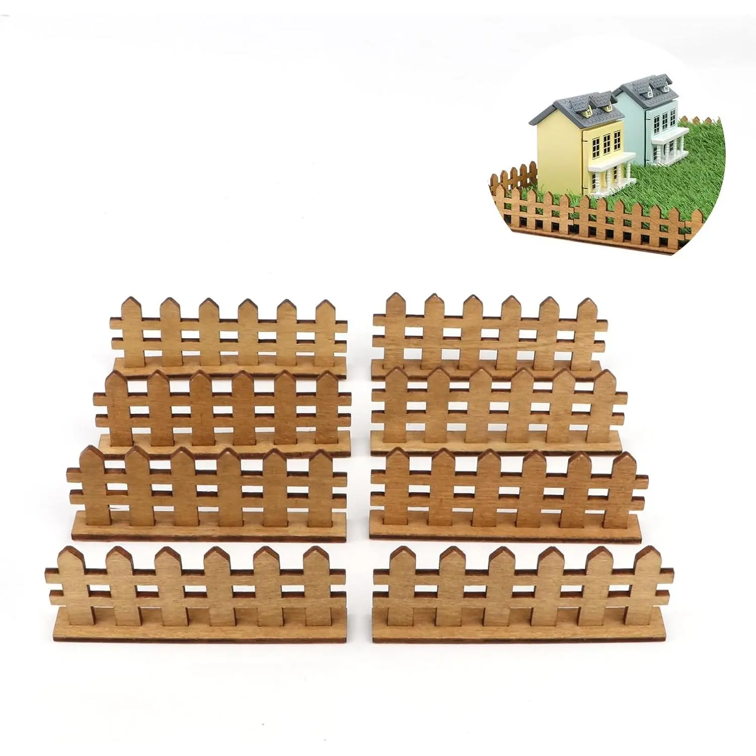 Fairy Garden Fence 8 count Miniature  Fences Village Landscape Accessories Wooden Decorative Picket Fence Building Model Street Landscaping Garden Scenery (Woody)
