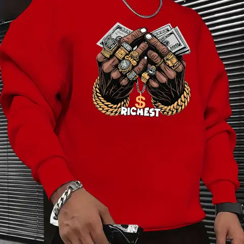 Men's Graphic Crewneck Sweatshirt, Long Sleeve Loose Fit Black with Letter Print, Casual Streetwear Top for Spring & Fall, Versatile Streetwear