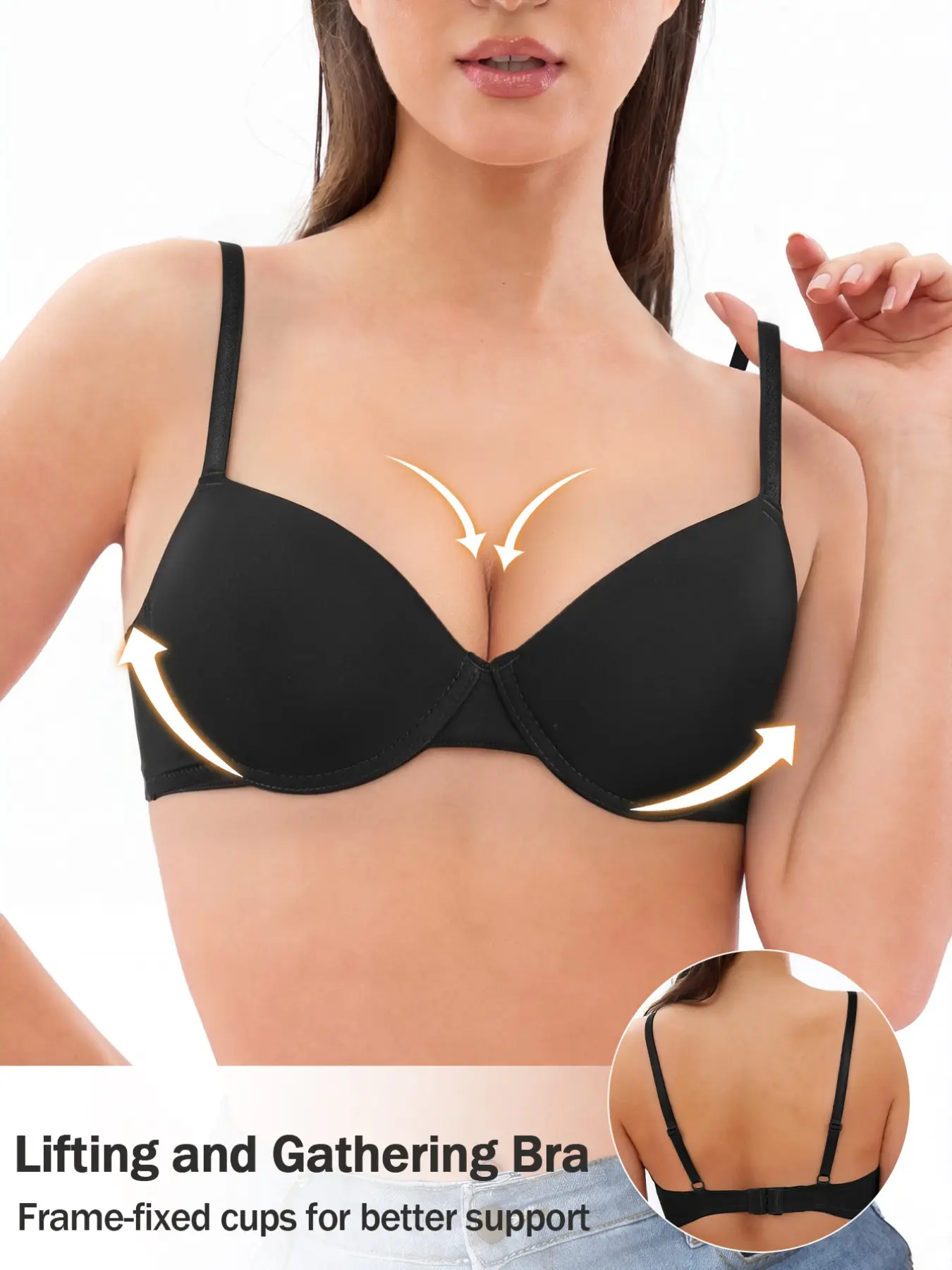 Women Basic Smooth Bra, Adjustable Thin Straps, Fixed Underwire Cups, Lift & Gather Anti-Slip Cups, Soft Light Slim Fit, Ideal for Small Busts Daily Wear, Lift Shape Bra