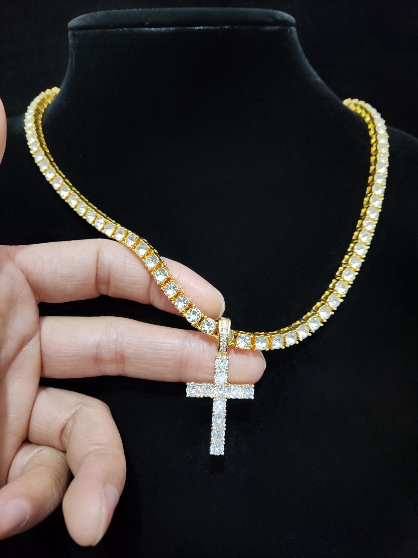 Artificial Zircon Cross Pendant 5mm Tennis Chain Necklace, Cuban Cross Necklace, Punk Style Necklace for Party, Daily Clothing Decor, Trendy All-match & Exquisite Jewelry for Birthday Gift