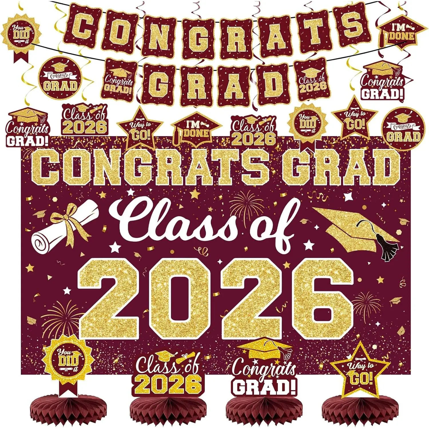2026 Graduation Decorations Set - Class of 2026 Congrats Grad Backdrop Banner, 2026 Grad Ceiling Décor and Table Centerpieces for College High School Classroom Grad Party Supplies (Maroon Gold)