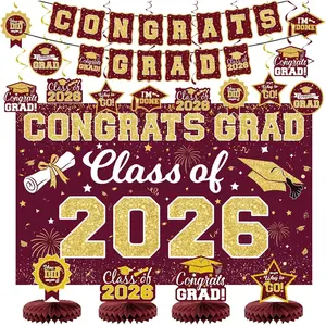 2026 Graduation Decorations Set - Class of 2026 Congrats Grad Backdrop Banner, 2026 Grad Ceiling Décor and Table Centerpieces for College High School Classroom Grad Party Supplies (Maroon Gold)