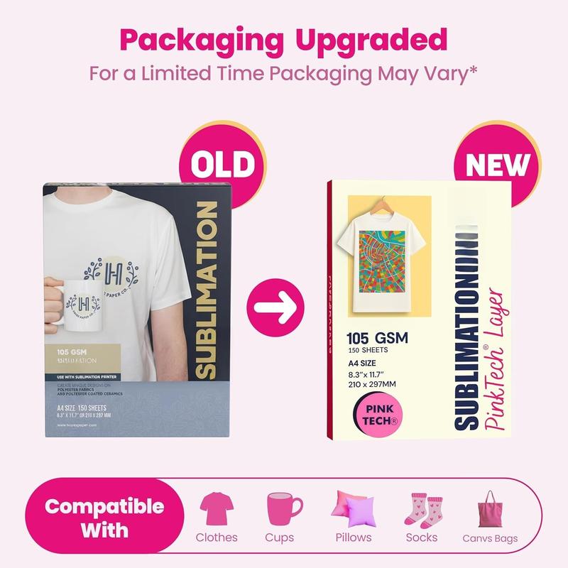 Sublimation  105gsm A4 Size (8.3" x 11.7")  150 Sheets | Works With Sublimation Ink & Blanks | Compatible With Sublimation Printers | T-Shirts, Mugs, Tumblers and More