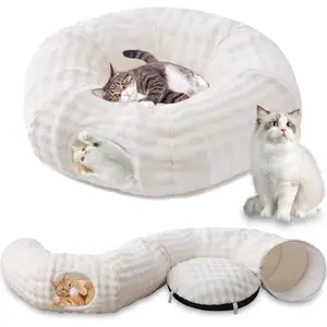 Bubble  Tunnel for Indoor Cats, Round Peekaboo Cave  with Dangling Balls, Donut Tunnel Bed with Circle Mat for Puppy Kitten , Cream White