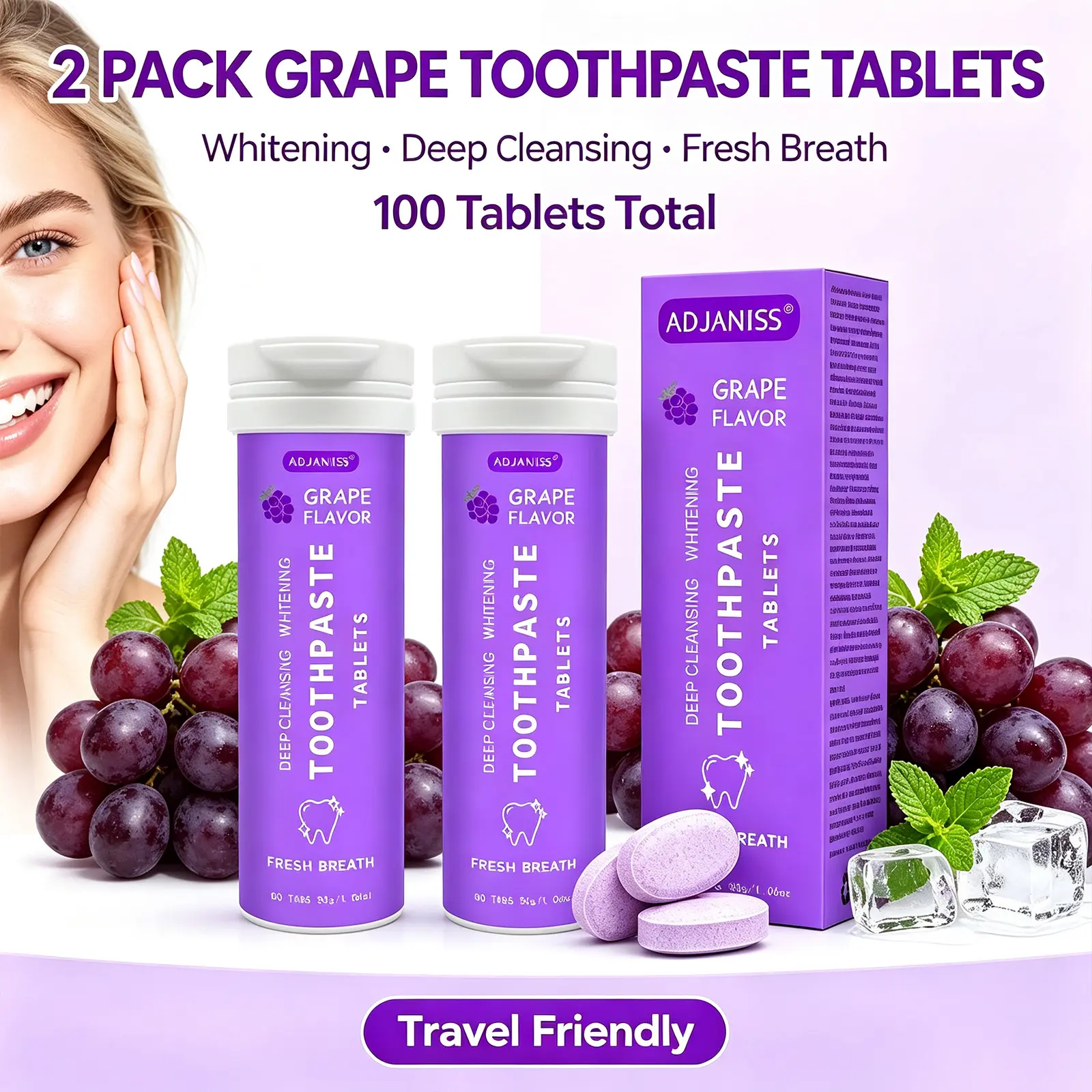 Adjaniss Toothpaste Tablets, Gentle Gum Care, Fresh Breath, Prevents Tartar Buildup, Keeps Teeth Clean, 30g Bottle, Oral Hygiene Essentials