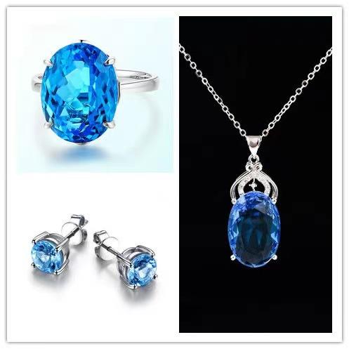 Same style imitation natural topaz set: colored gemstone ring, earrings, and pendant for women