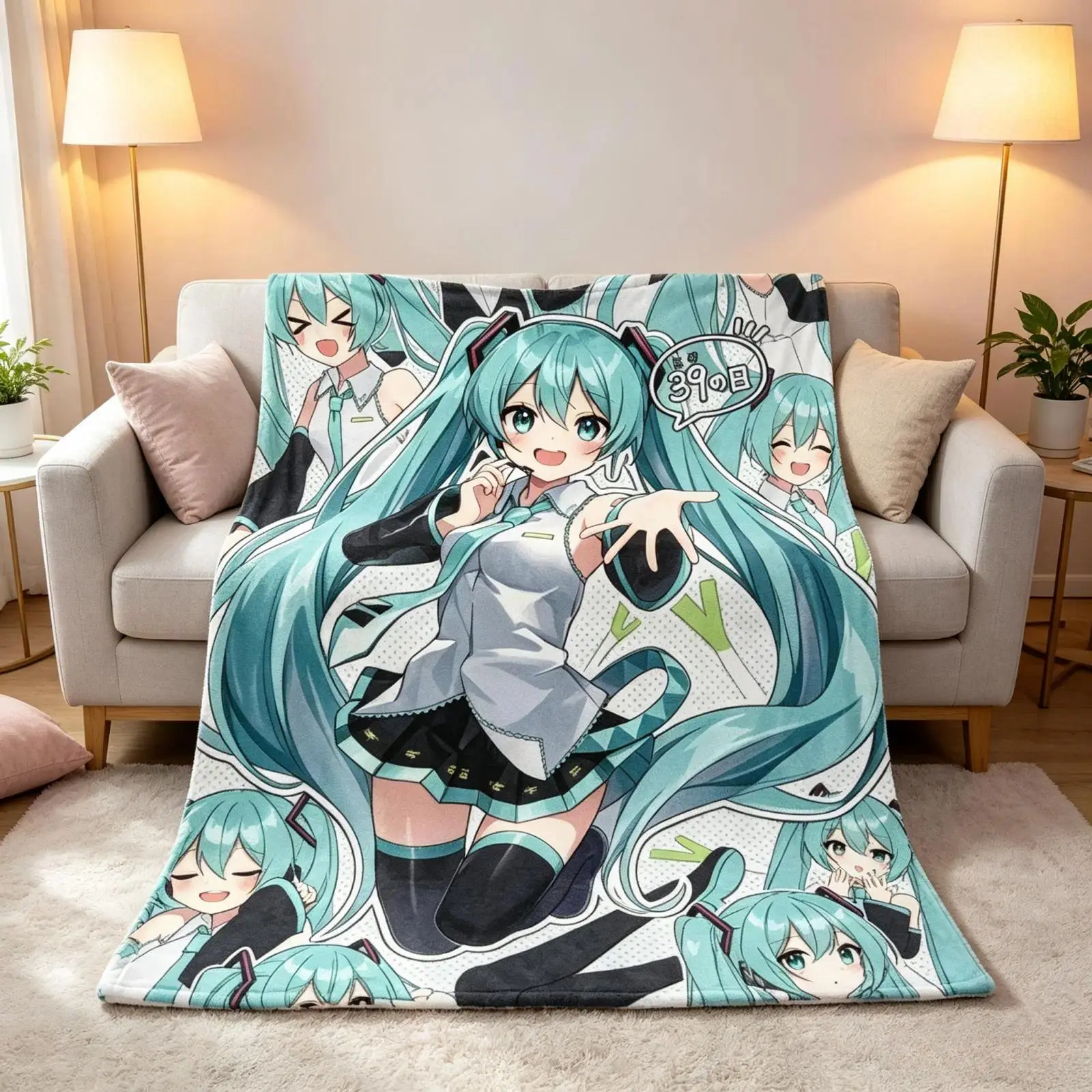 Vocaloid Kawaii Hatsune Miku Flannel Cooling Blanket, Manga Collage Print Cooling Throw Blankets, Anti-Pilling Soft Breathable Decor Blanket for Bedroom Sofa Indoor Outdoor, All Season Anime Fan Birthday Holiday Gift
