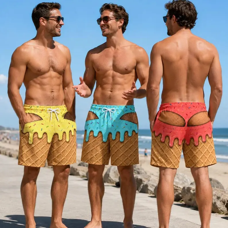 Custom Funny Men Swim Trunks, Ice Cream Cone Board Shorts, Fake Butt Beach Shorts, Novelty Swimwear, Gag Gift for Him