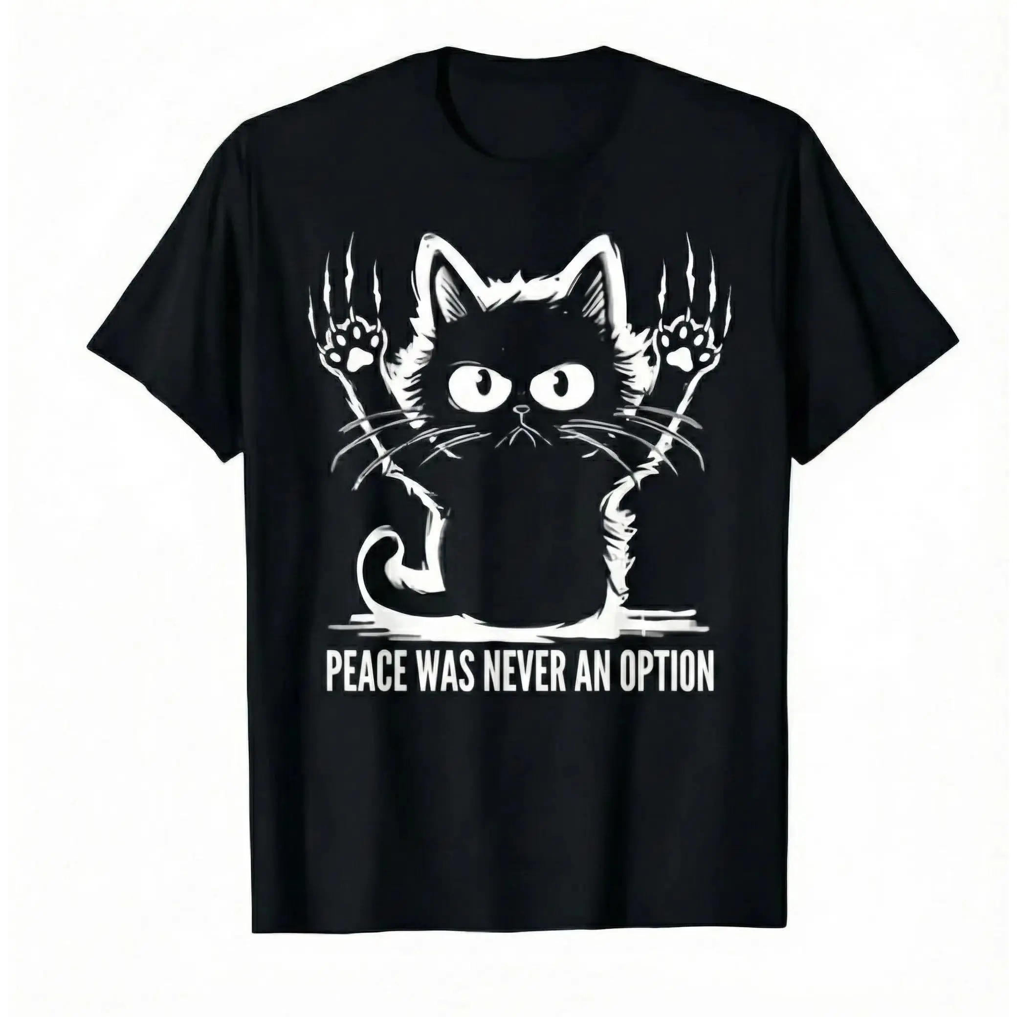 Women's Soft Breathable Cotton Loose Oversized Short-Sleeve Round Neck T-Shirt - Angry Black Cat with Wolverine Claw Design, "Peace Was Never An Option" Sarcastic Dark Humor Spring Sports Top Gift for Cat Owners
