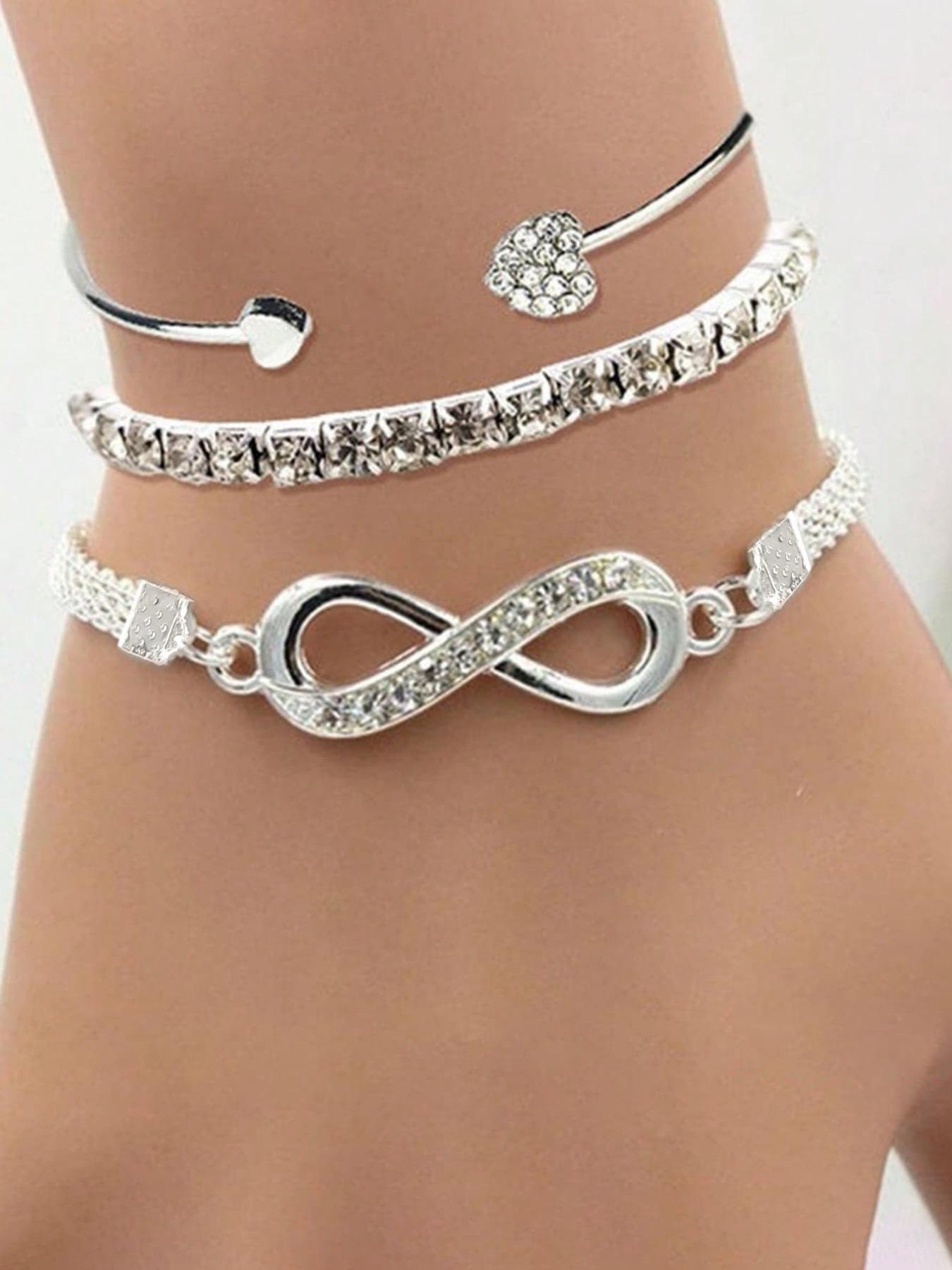 3pcs Women's Minimalist Elegant Heart Rhinestone Bangles Set, Pretty Bracelet, Bracelet Bundle, Fashion Accessories for Parties and Daily Wear, Versatile Elegant Jewelry Bracelet Set