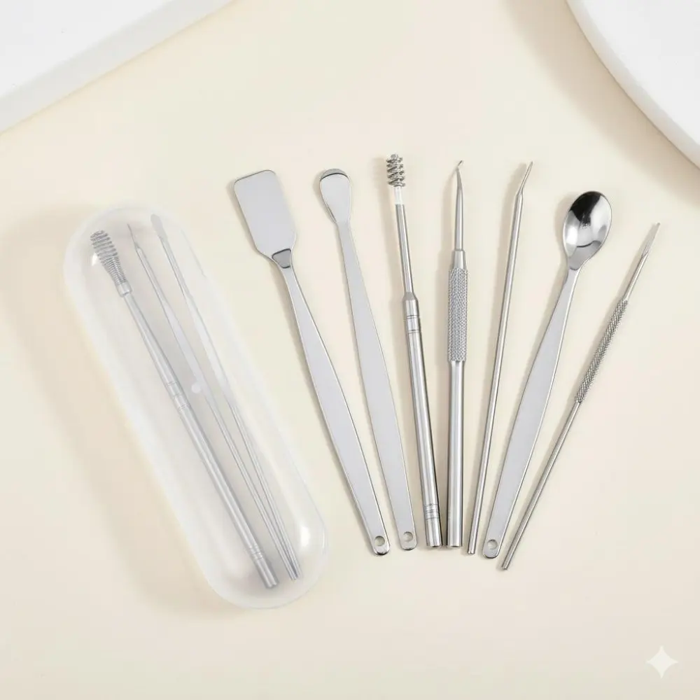 Professional Ear Cleaning Kit, 6-Piece Stainless Steel Ear Wax Remover Tools with Anti-Slip Handle for Safe Home Use, Precise Scoop Design Prevents Ear Canal Scratches.