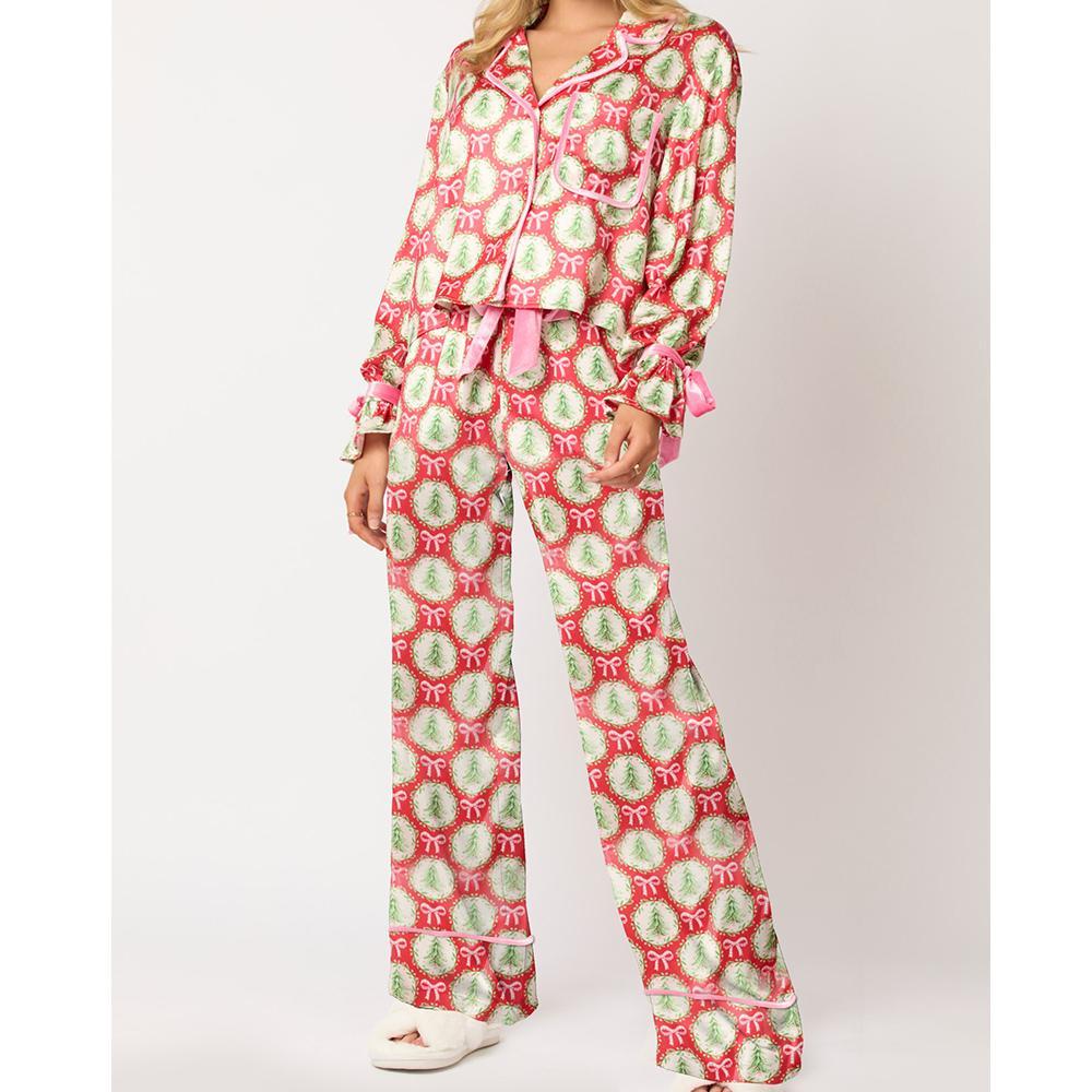 Women 2 Piece Christmas Pajamas Set Bow Tie Santa Claus Long Sleeve Button Shirts Wide Leg Pants Cute Pjs Sets Xmas Sleepwear