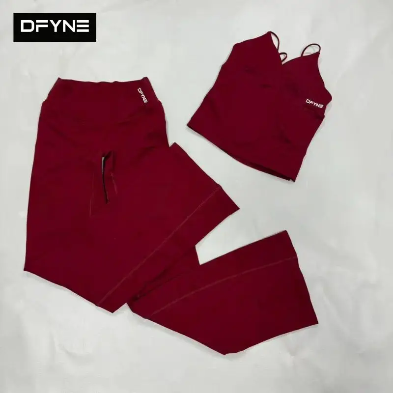 DFYNE Seamless V-Neck Camisole Tank + V-Crossover High Waist Flare Leggings 2PCS Hourglass Yoga Workout Set Women