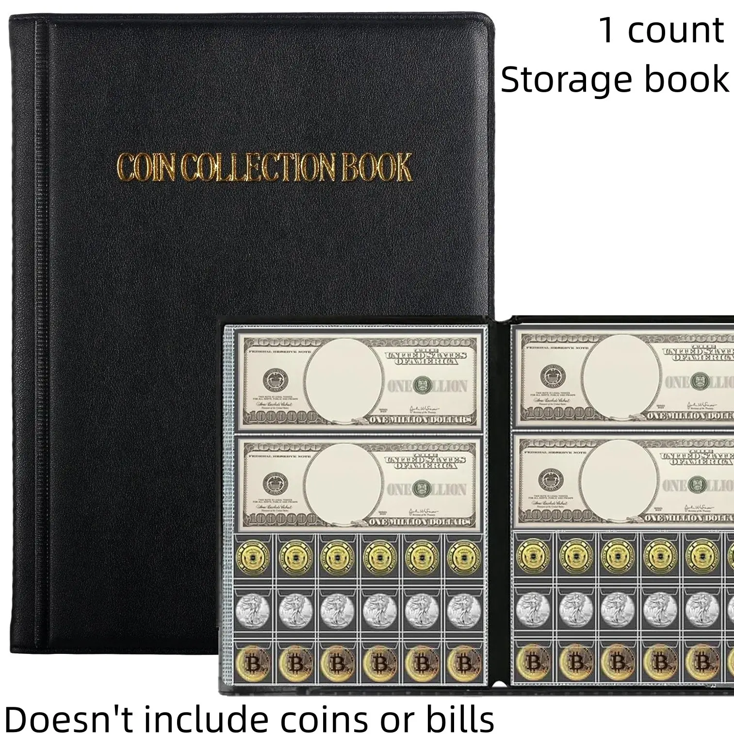Coin Collection Album, Large Capacity Coin Currency Holder, 2-In-1 Stamp Bill Book, Coin Storage Album for Bills, Pennies, 25 Cent Coins