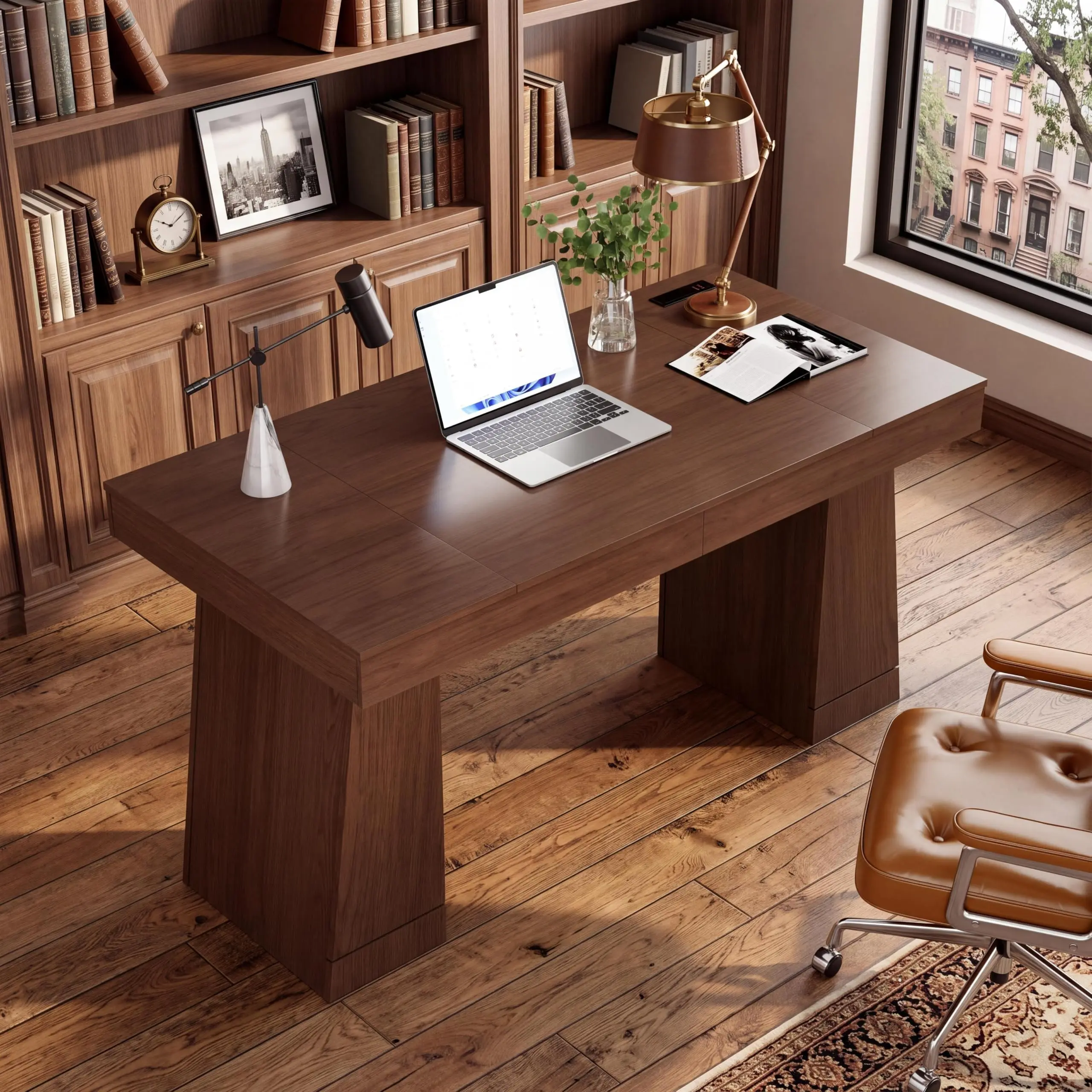 55" Rectangular Sturdy-Legs Wood Finish Executive Desk with Power Outlet & Ports (3 AC, 1 USB-A, 1 USB-C), Large Size Office Desk with Storage Cabinet, Computer Writing Table for Home Office & Bedroom