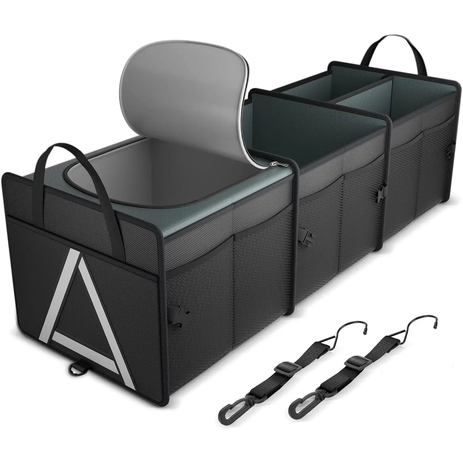 Sturdy Car Trunk Organizer with Premium Insulation Cooler Bag, 3 Compartments Heavy Duty Collapsible for Car, SUV, Truck, or Van (Large, Black)