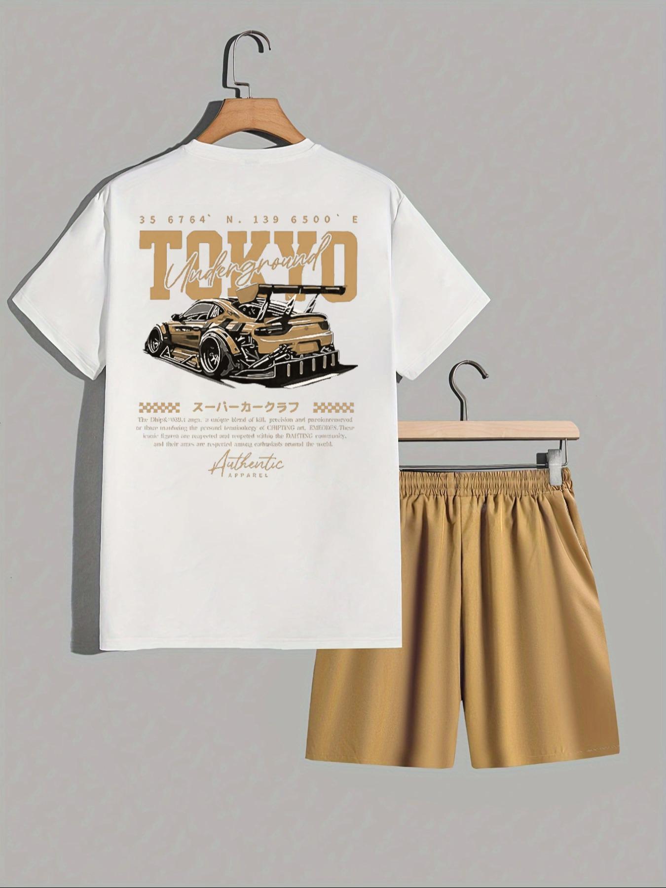 Two-Piece Set Men's Car Print Tee & Shorts, Regular Fit Casual Round Neck Short Sleeve T-shirt & Track Shorts, Men's Summer Clothes