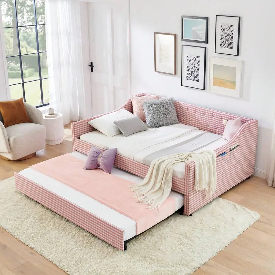 Full/ Twin Size Upholstered Daybed With Pop Up Trundle, 3-In-1 Convertible Sofa Bed, Tufted Daybed Couch With Storage Pockets, Pull Out Daybed Expands To King Size Bed, Daybed With Trundle For Living Room, Guest Room, Apartment,bean,bag,,co,matt,co,chair,