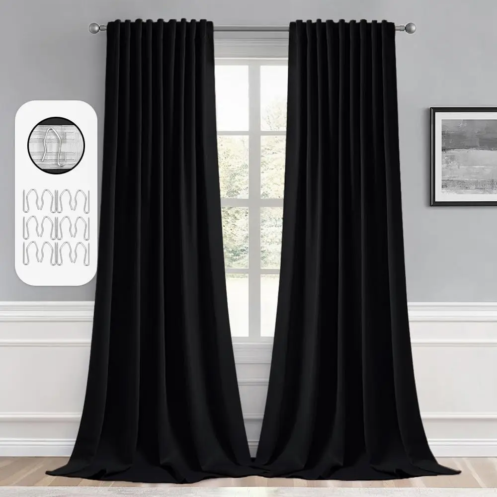2 Panels Set Black Back Tab Blackout Curtains 52x96 Inch Long| Rod Pleated, Thermal, Halloween Drapes for Bedroom Living Room Darkening, to Ceiling Curtains