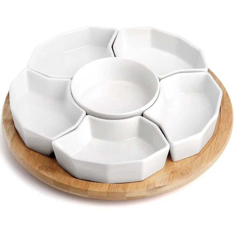7-Piece Round Sturdy Lazy Susan Serving Board with Rotatable 360° Bamboo Base, 6 Removable Porcelain Dishes, Divided Tray for Picnic Chips, Cheese Snacks (Sports & Outdoor Camping Picnicware Plates)
