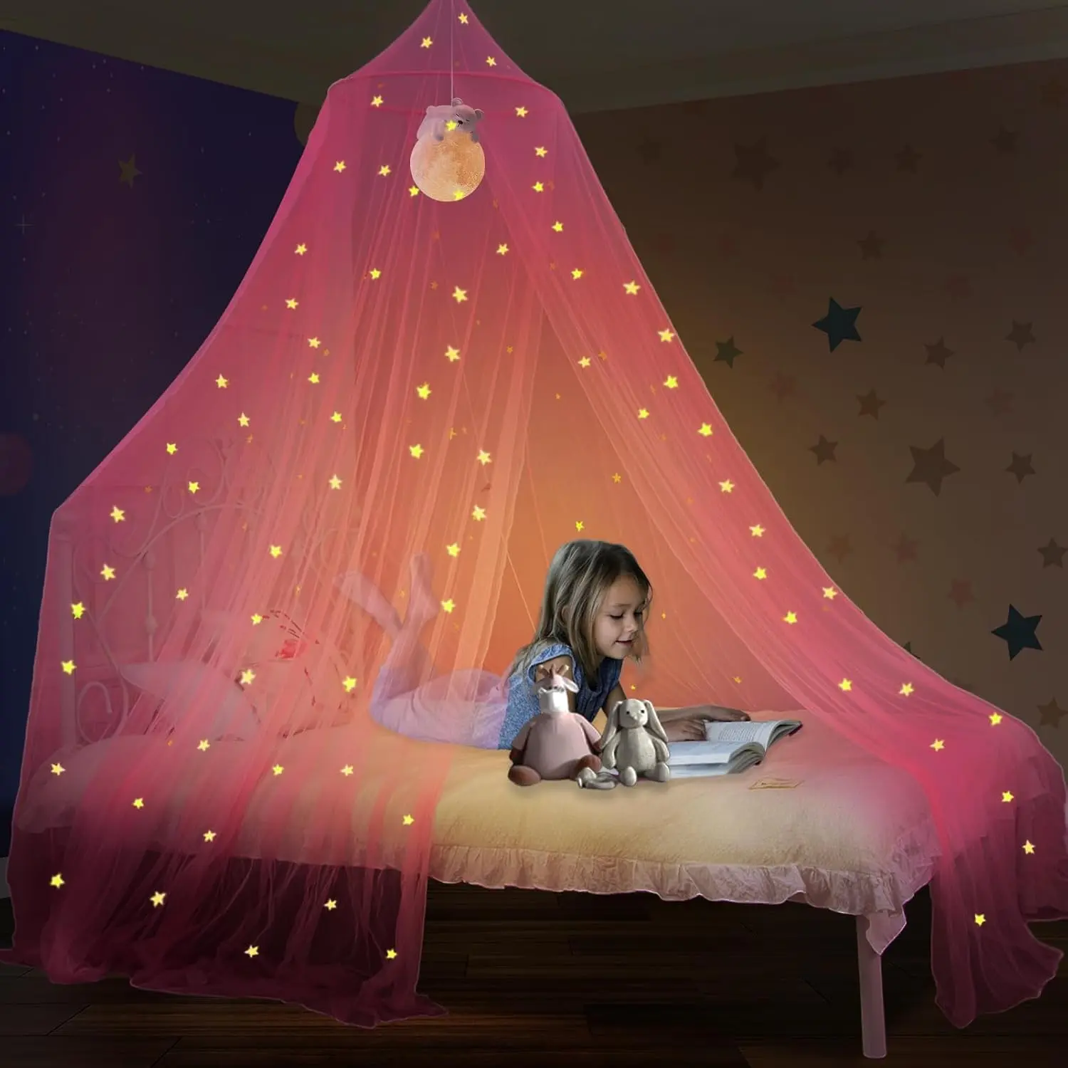 Pink Bed Canopy for Girls with Glowing Stars, Princess Bed Canopy Fits Single, Twin, Full, Queen Size Kids Bed, Mosquito Net for Reading Nooks, Indoor Room Decor and Outdoor Use