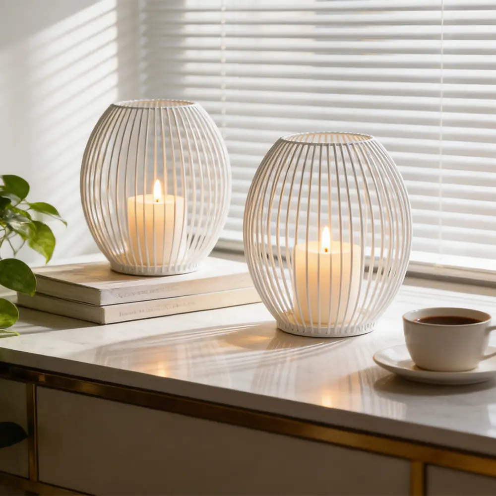 Set of 2 White Metal Wire Cages Lanterns Candle Holders (Small & Large), Rust-Resistant Candlestick Stands for Pillar & Tealight Candles, Perfect for Party Wedding, Festival, Home Decor