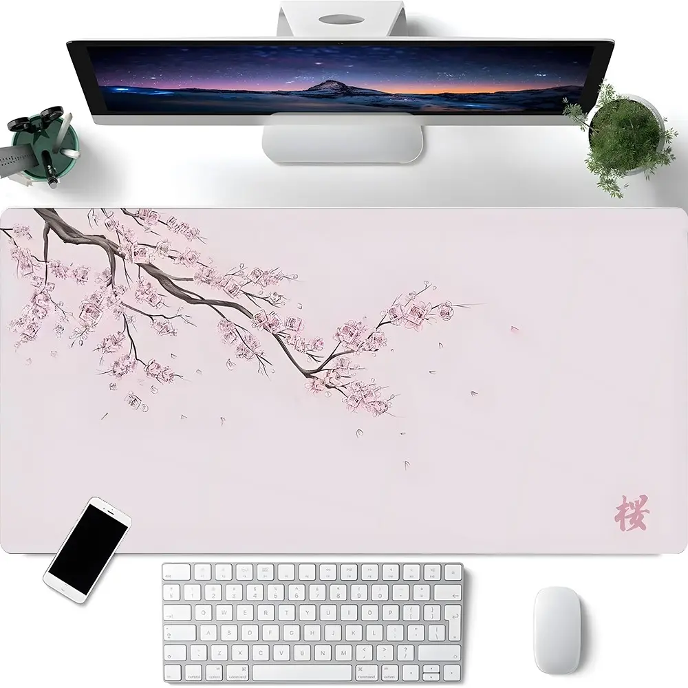 Minimalist Pink Cherry Blossom Design XXL Desk Mat,Cute Desk Mat,Large Extended Gaming Mouse Pad with Non-Slip Rubber Base,Stitched Edges,Smooth Surface,Keyboard Pad for Office, Gaming,Daily Use,Idea Gift for Teens,Gamer,Girly Office Supplies