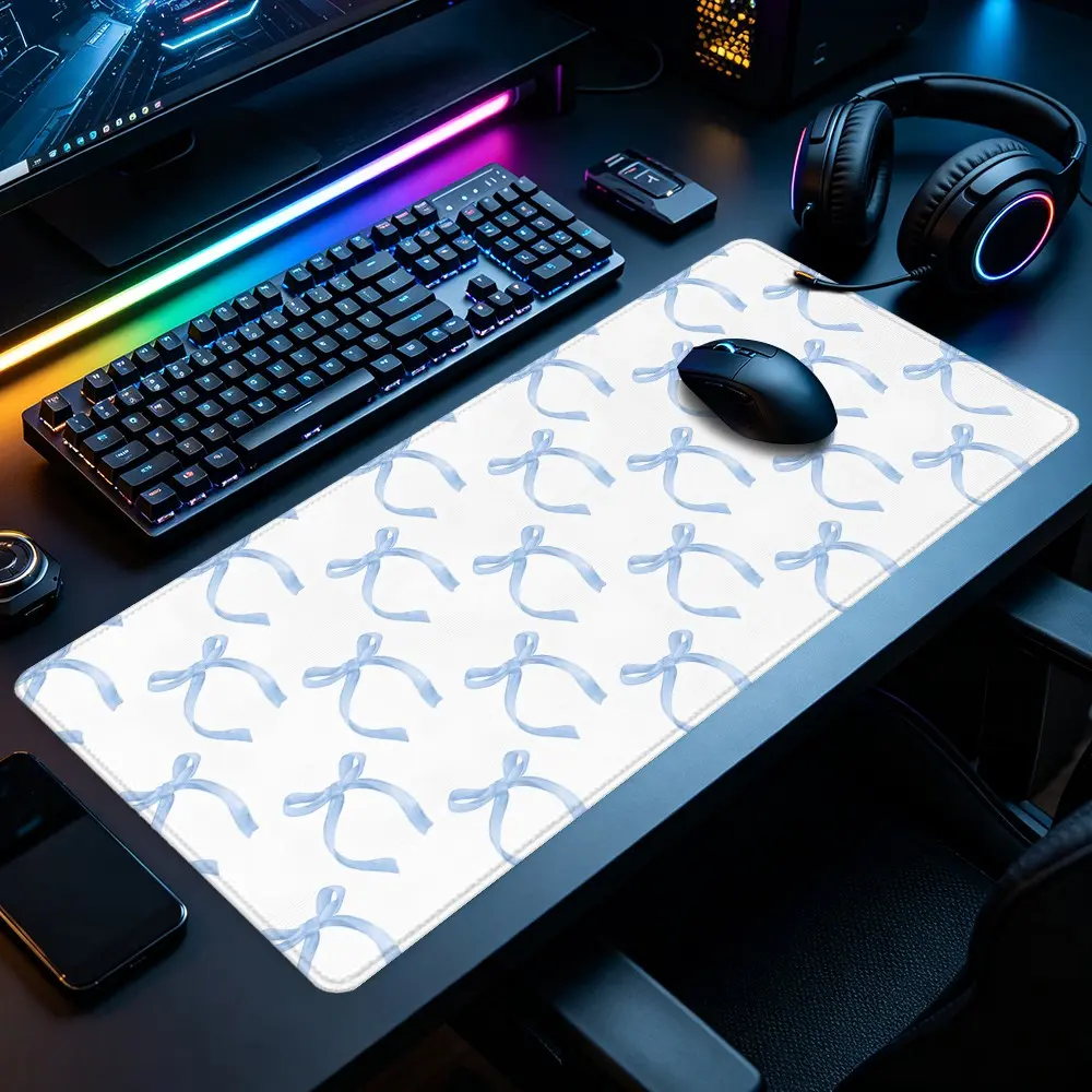 Light Blue Watercolor Bow XXL Gaming Mouse Pad, Cream White Minimal Pastel Ribbon Repeat Non-Slip Stitched Rubber Desk Mat for Gaming and Home Office, Ideal for Gamers and Clean Coquette Soft Desktop Decor Enthusiasts