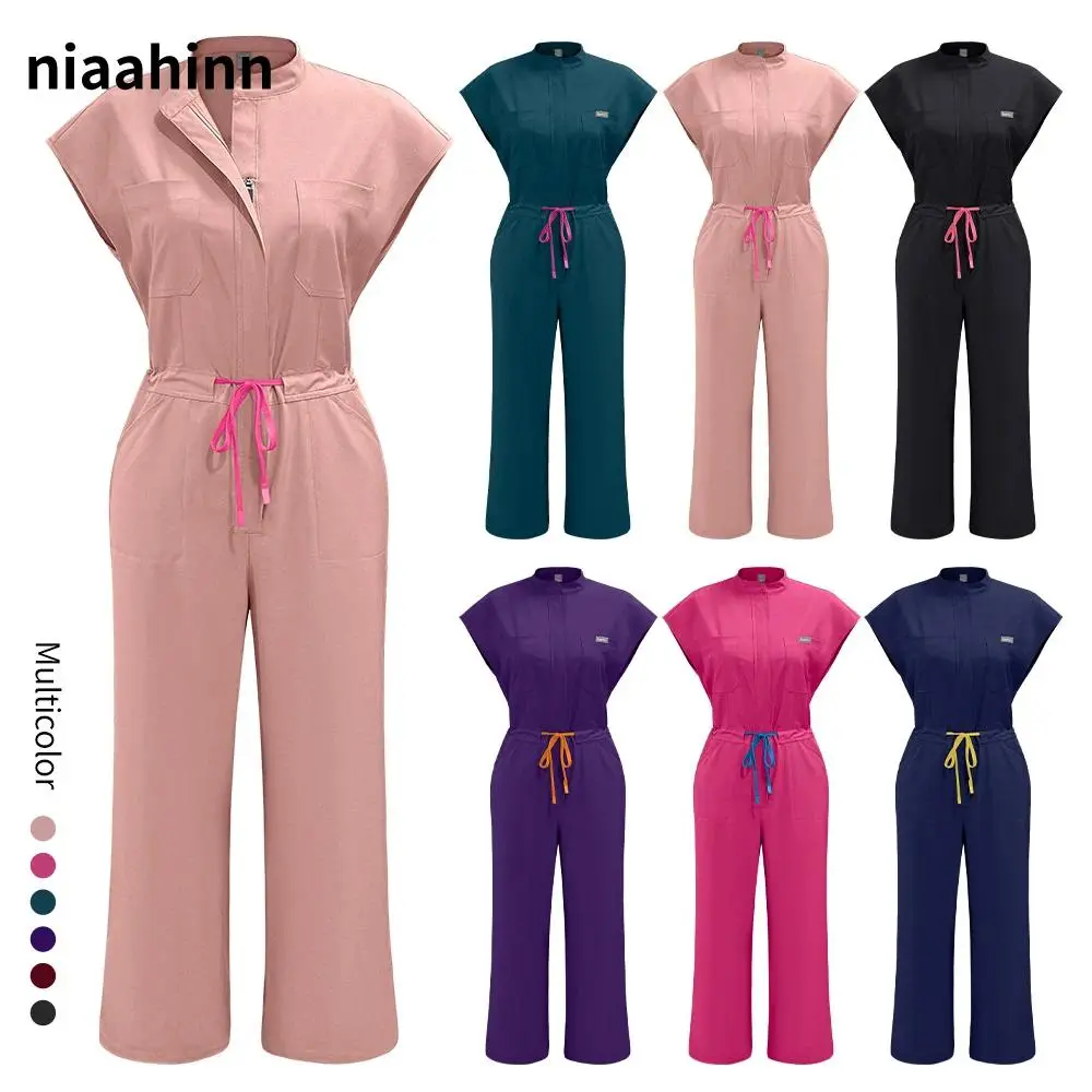 Zipper Neck Lab Jumpsuit Health Service Nursing Clothes Onesie Pet Grooming Doctor Uniform Short Sleeved Scrub Workwear