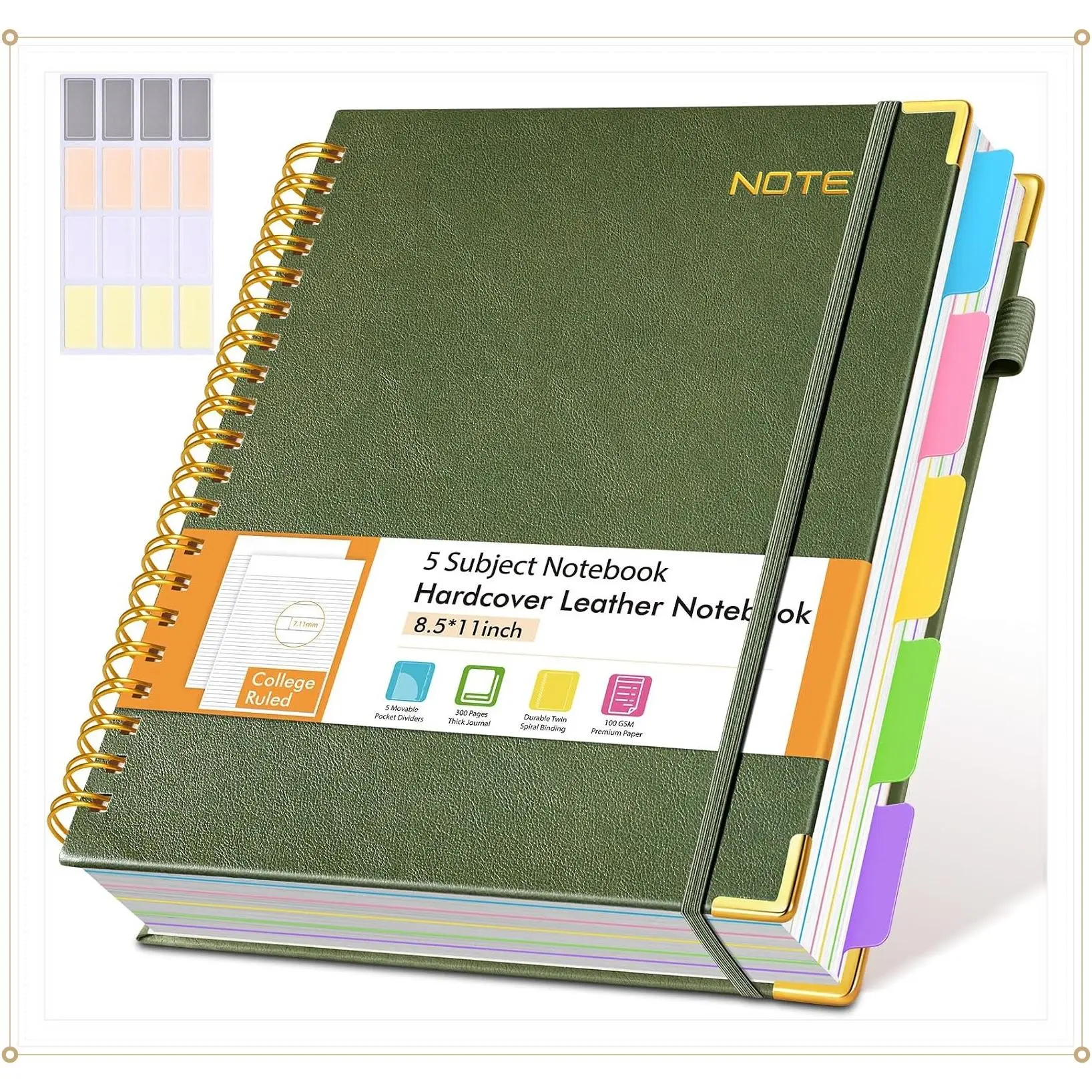 Hardcover Large Spiral Notebook 8.5" x 11", 300 Pages Leather 5 Subject College Ruled with Removable Divider Tabs, A4 Journal for Work, School & Note Taking, GreenGift