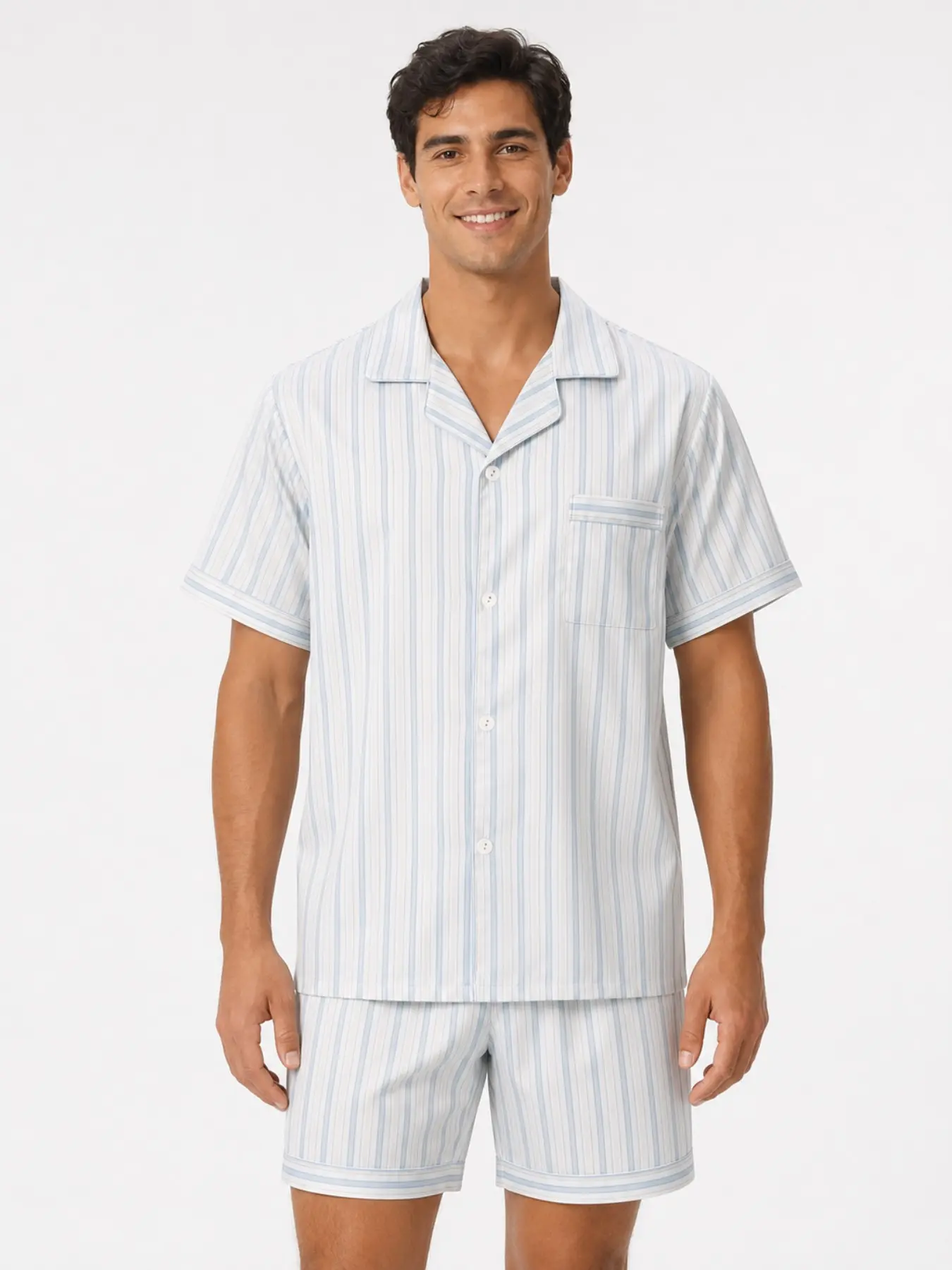 Men's Light Blue Vertical Striped Short Sleeve Pajama Set, Collared Button Loose Fit Home Wear Two-Piece Set, Casual Sleepwear