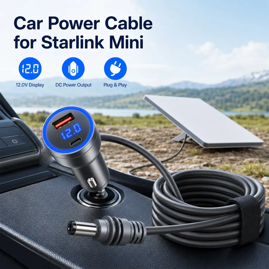Starlink Mini 3-in-1 Multi-Charging DC Power Cable - 12V/24V Cigarette Lighter Plug Adapter with Digital Voltage Display, 18AWG Heavy Duty PVC Build, USB-C & USB Ports for Cars/RVs, Multi-Charging Cable Adapters