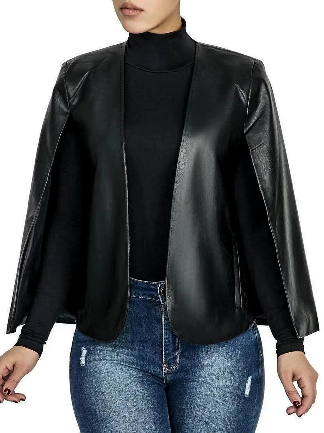 Women's Solid Pocket Cloak Sleeve Cape Coat, Fitted Casual Jackets, Long Sleeve Open Front Pu Outerwear for Fall & Winter, PU Leather Jacket, Black, Fashionable Outerwear, Womenswear