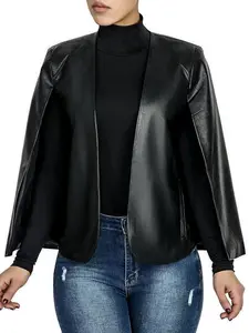 Women's Solid Pocket Cloak Sleeve Cape Coat, Fitted Casual Jackets, Long Sleeve Open Front Pu Outerwear for Fall & Winter, PU Leather Jacket, Black, Fashionable Outerwear, Womenswear