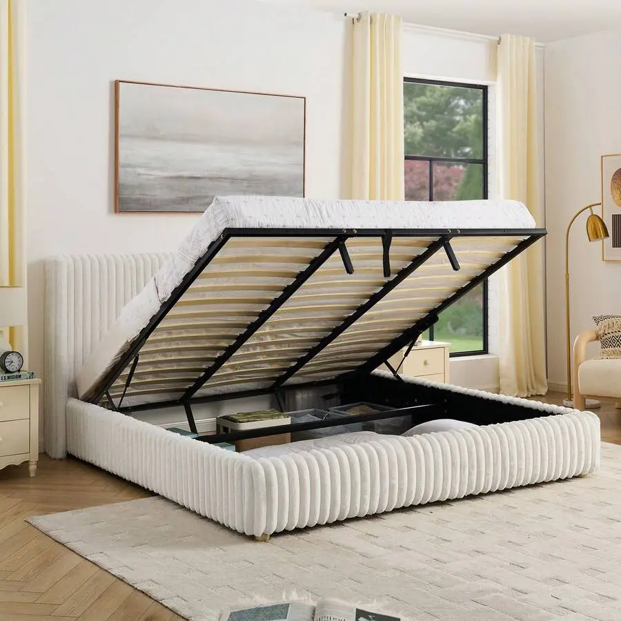 /  Upholstered Storage Bed Frame With Gas Lift, Platform Bed With Underbed Storage, Plush Faux Fur Vertical Striped Bed Frame With Headboard, Modern Soft Bed Frame With Wood Slats Bedroom Furniture