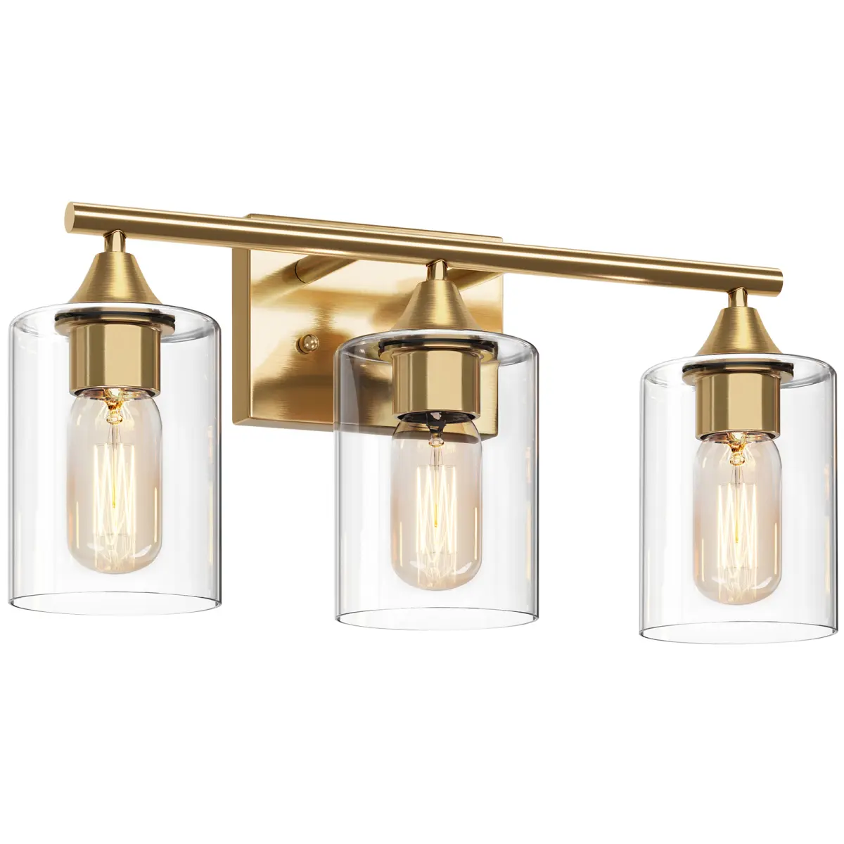 Brass‑Gold 3‑Light Bathroom Vanity Wall Light,17.2*4.33*7.28 Inch Metal Wall Sconce with Clear Cylindrical Glass Shades,Reversible Up‑Down Mount E26 Fixture,Transitional Decor Lighting for Bathroom Bedroom Entryway Home Renovation