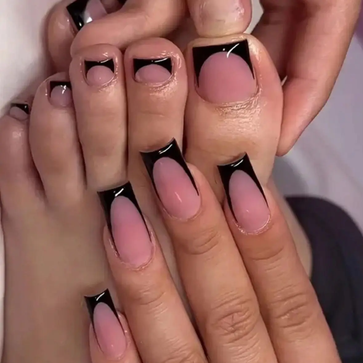 48-Piece Hand & Foot Press-On Nail Set – Glossy Nude and Black French Tip Long Coffin Fingernails with Matching Toenails