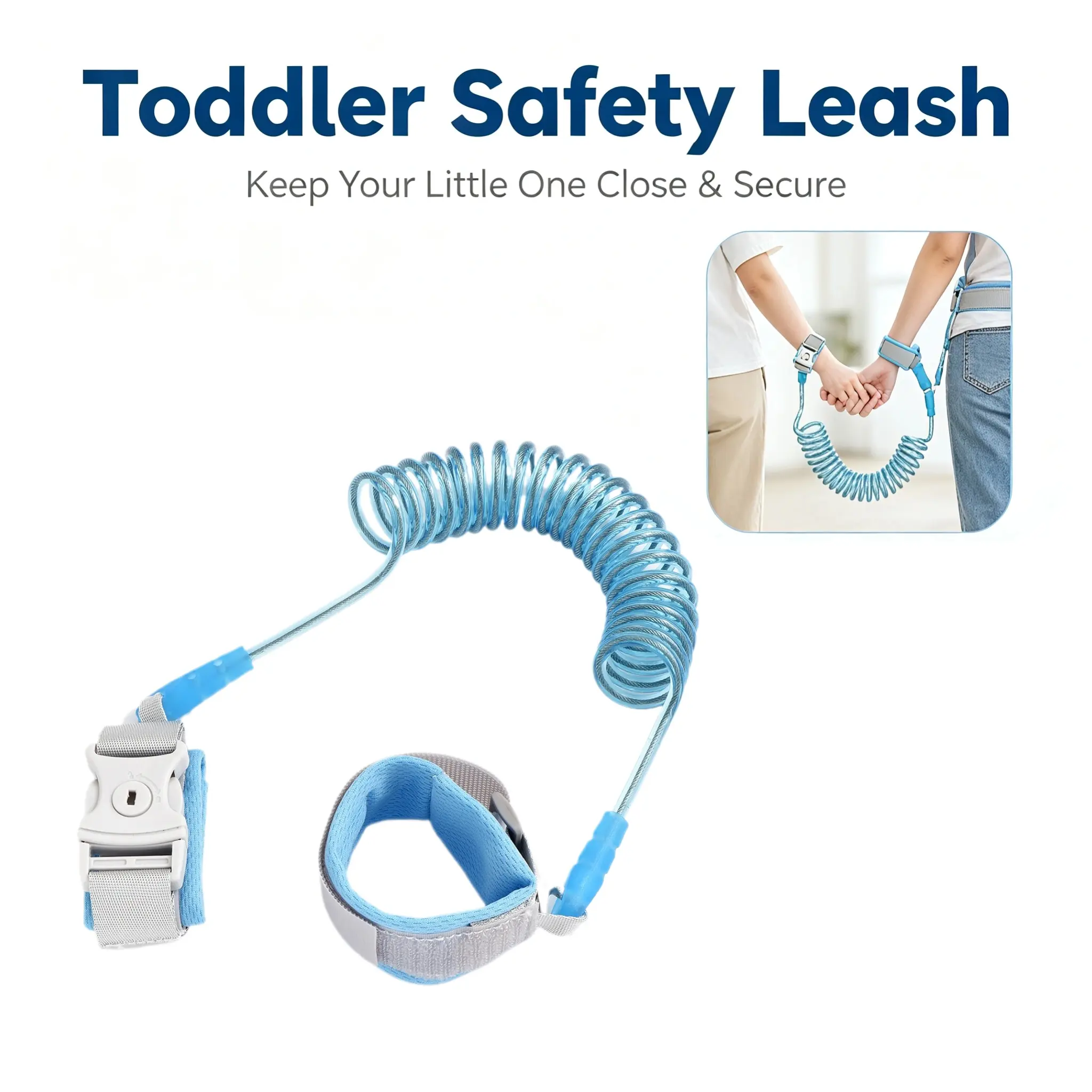 2-meter lockable spring rope child anti-lost wristband leash with rotating head lock, safety belt and key chain, safe and convenient for outdoor use.-YY0