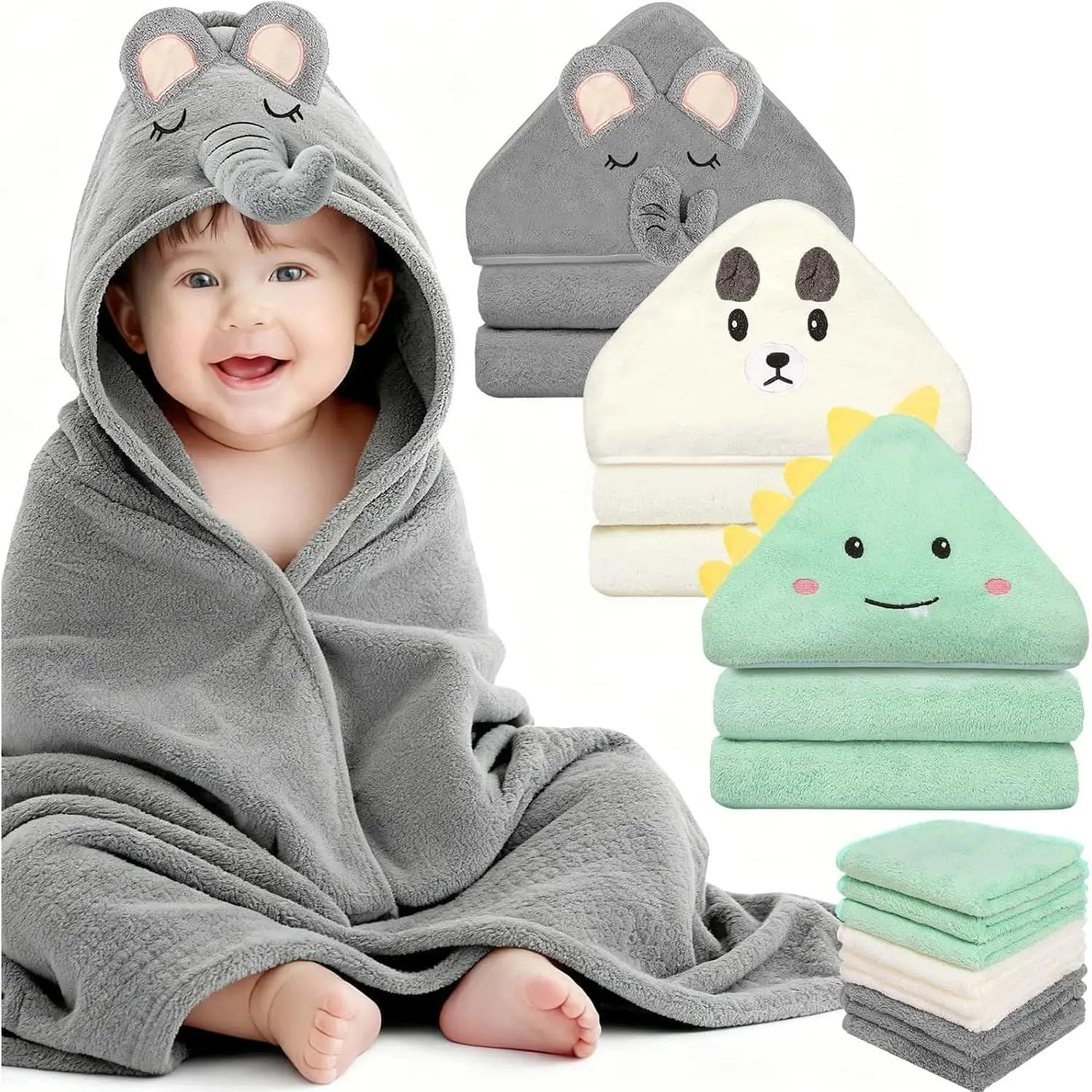 12 Pcs Baby Towels and Washcloths Set, Hooded Baby Towel, Soft and Absorbent Baby Bath Towels, 3 PCS Cute 32x32 in Baby Towel with Hood and 9 Pcs Baby Washcloths  Boys and Girls